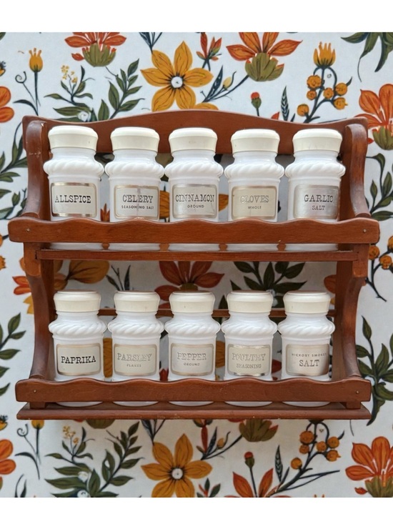 Vintage Spice Rack Milk Glass with Wood Shelf Caddy
